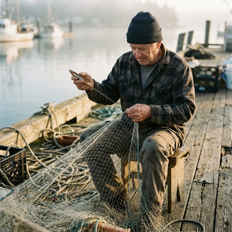 Elderly fisherman in a beanie and flannel shirt mending a net on a wooden dock, misty harbor and boats behind him, by Nano Banana 2.1