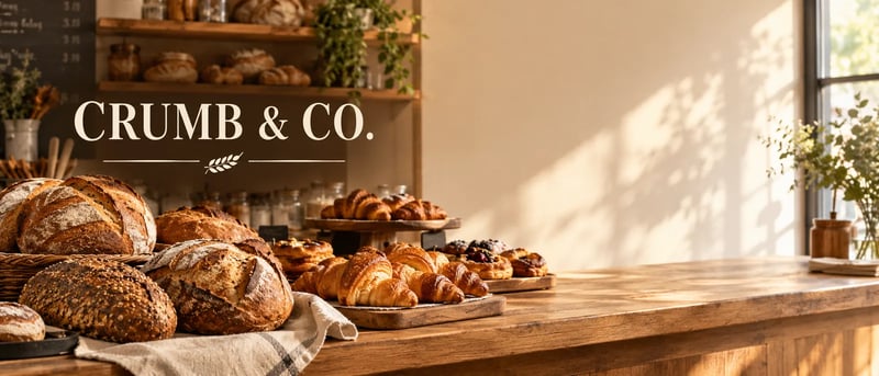 Wide bakery banner reading CRUMB & CO. above loaves and croissants on the left, with a mostly bare sunlit wall on the right, by GPT Image 2.5 Flare