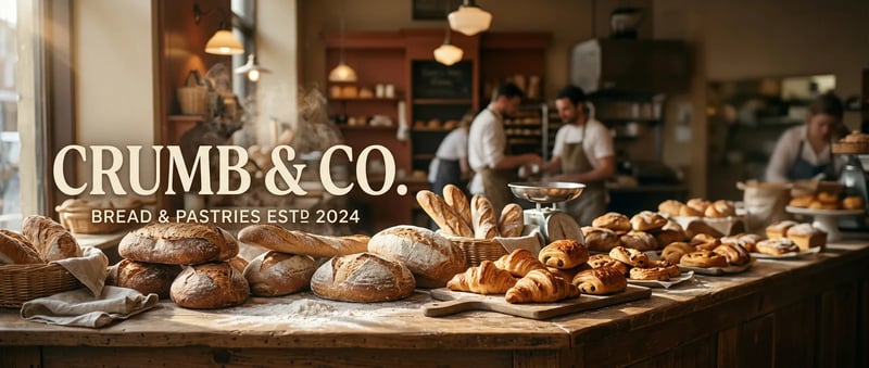 Wide bakery banner reading CRUMB & CO. and Bread & Pastries Estd 2024 over a counter of loaves and croissants, with bakers working on the right, by Nano Banana 2.1