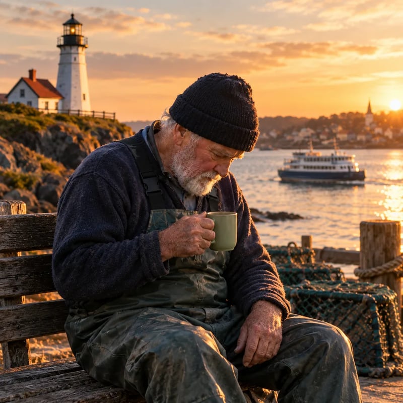 The fisherman holding up the sage green mug on a harbor bench, with the lighthouse, a ferry and the setting sun behind him, by GPT Image 2.5 Flare