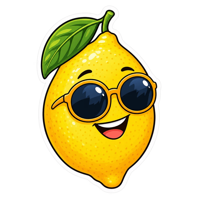 Cartoon lemon sticker with round sunglasses and a white outline on a transparent background, by GPT Image 2.5 Flare