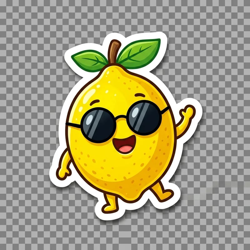 Cartoon lemon sticker with sunglasses and a white outline, on a grey checkerboard painted into the image, by Nano Banana 2.1