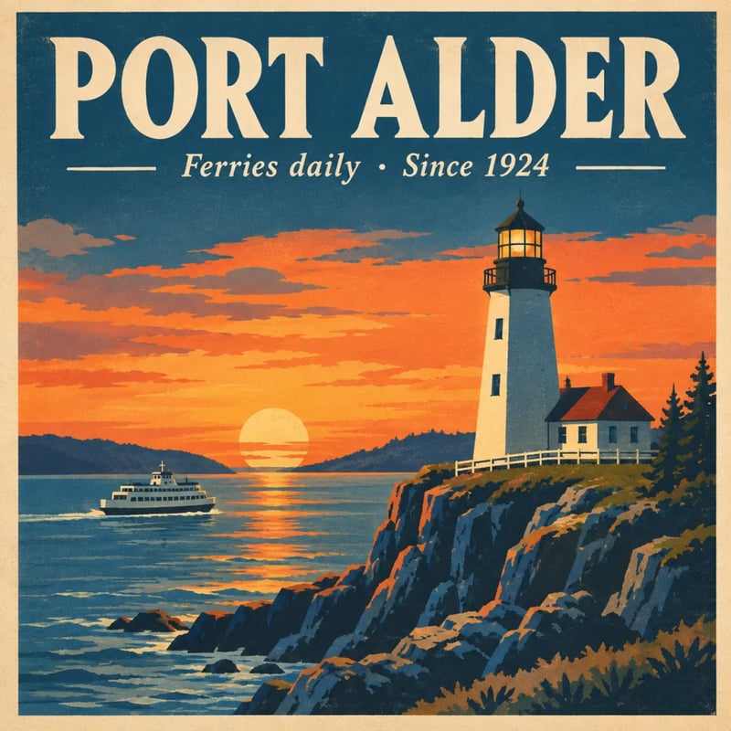 Affiche de voyage avec PORT ALDER et Ferries daily · Since 1924, un phare, une maisonnette et un ferry au coucher du soleil, par GPT Image 2