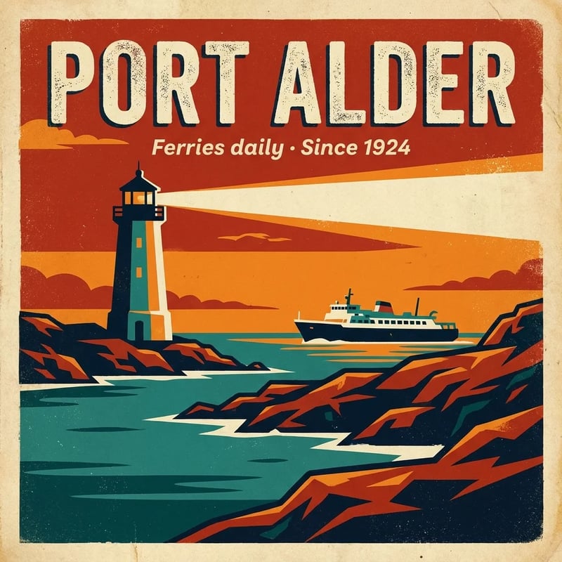 Affiche de voyage patinée avec PORT ALDER et Ferries daily · Since 1924, le faisceau d'un phare et un ferry, par Nano Banana Pro