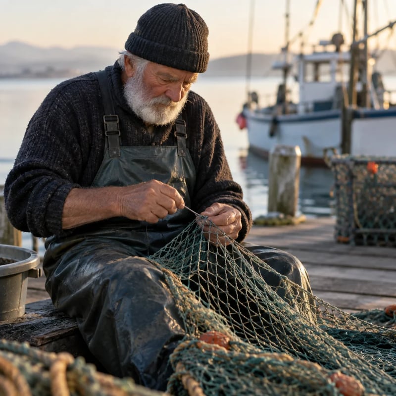 Vieux pêcheur en bonnet de laine et tablier réparant un filet vert près de bateaux amarrés, par GPT Image 2