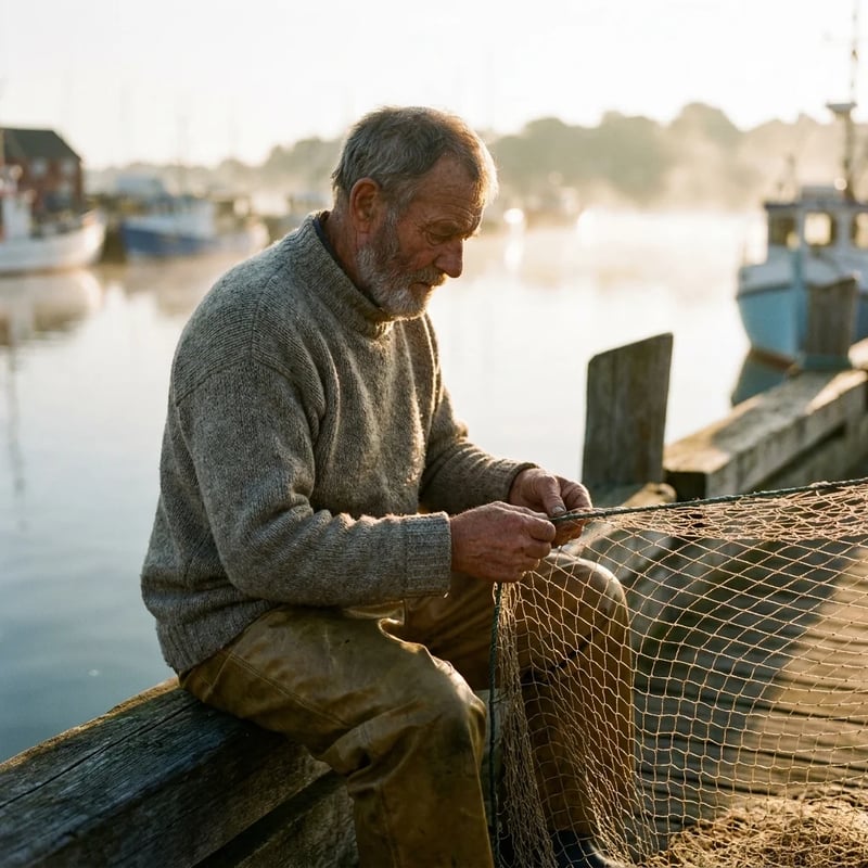 Vieux pêcheur en pull gris réparant un filet sur un ponton brumeux, par Nano Banana Pro