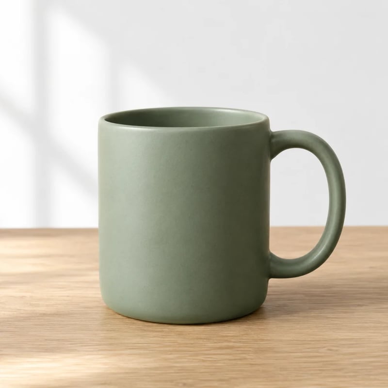 Matte sage green mug on a light oak table against a white wall