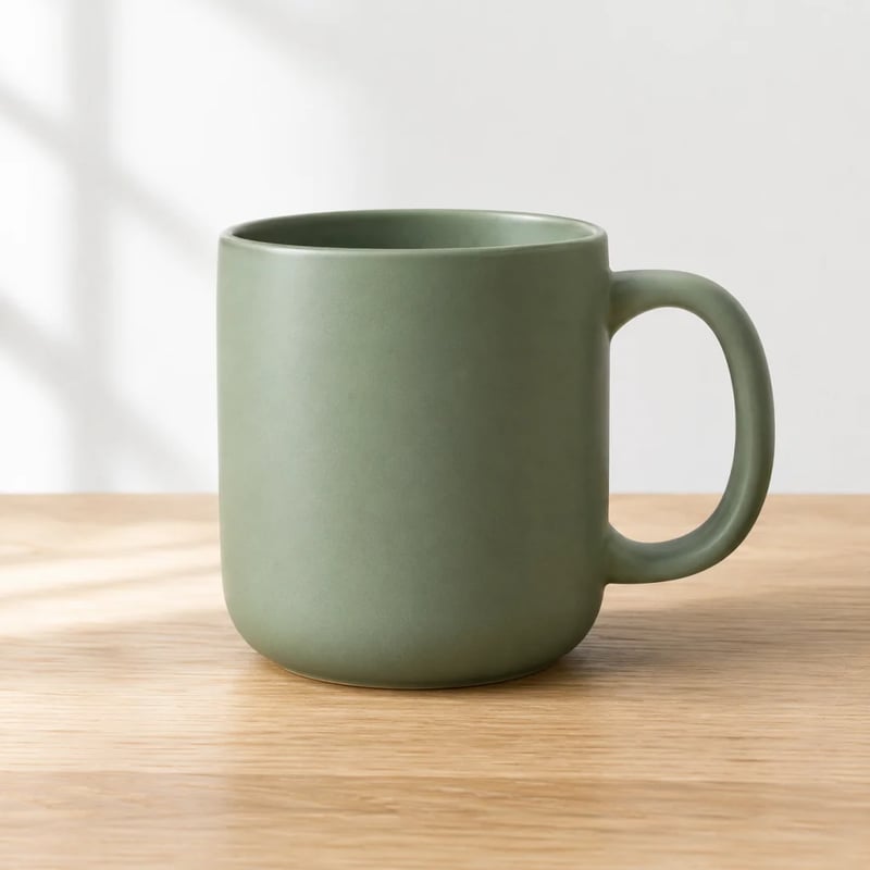 Grand mug vert sauge mat sur une table en chêne, à la lumière d'une fenêtre, par GPT Image 2