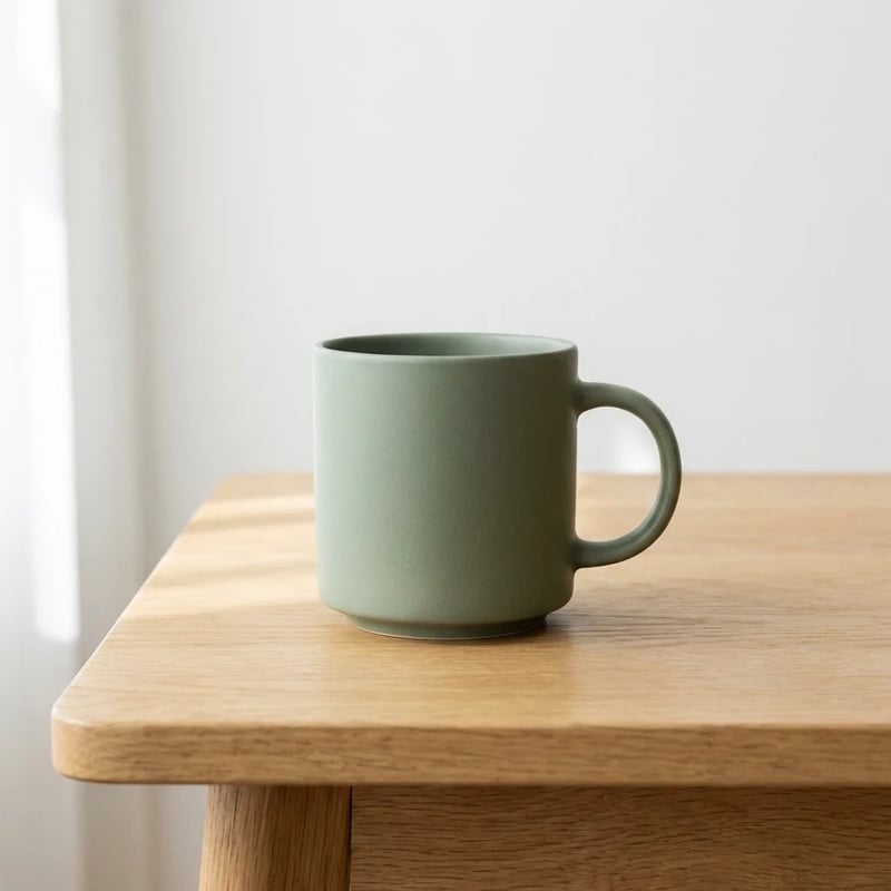 Petit mug vert sauge mat sur le coin d'une table en chêne, par Nano Banana Pro