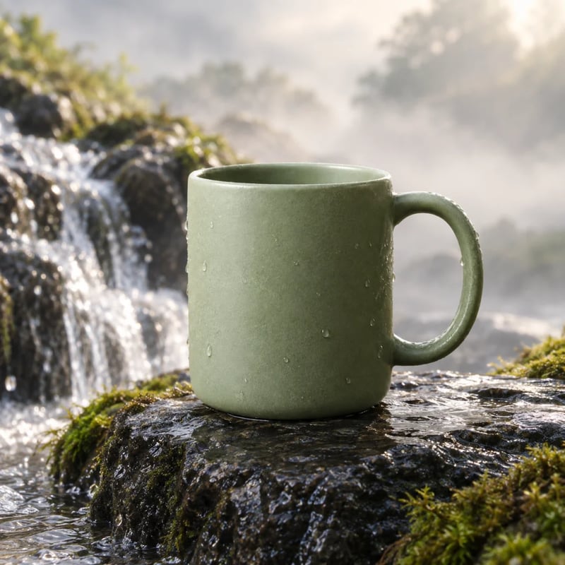 Mug vert sauge perlé de gouttelettes sur un rocher moussu près d'une cascade, par GPT Image 2