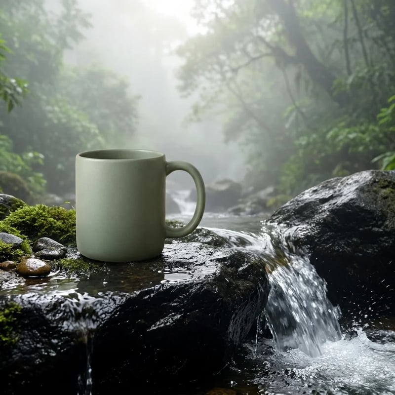 Mug vert sauge plus petit sur un rocher mouillé, dans un ruisseau de forêt brumeux, par Nano Banana Pro