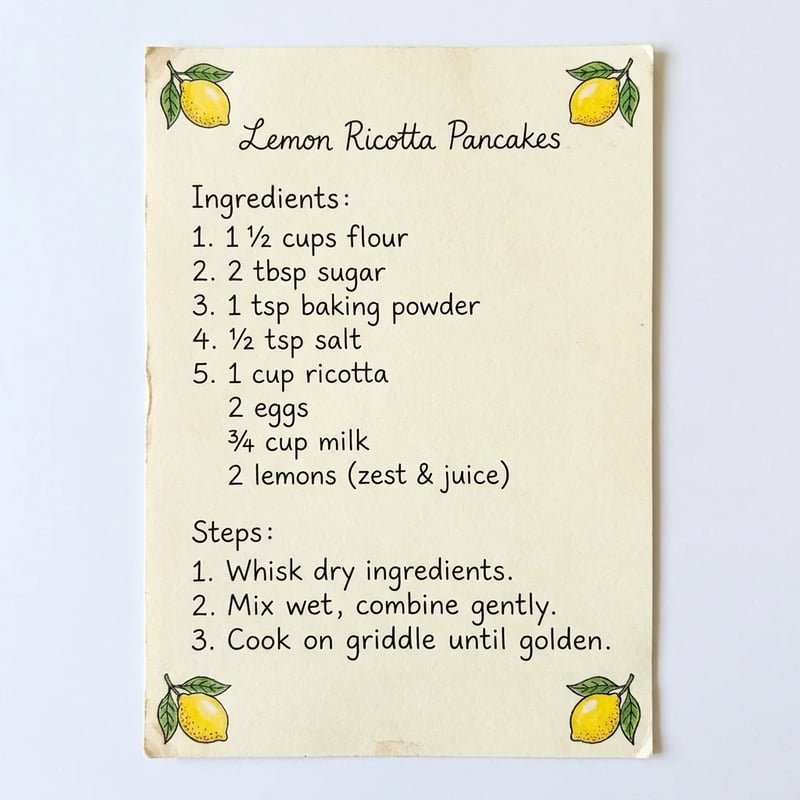 Fiche recette manuscrite Lemon Ricotta Pancakes avec huit ingrédients et trois étapes, des citrons dans les coins, par Nano Banana Pro