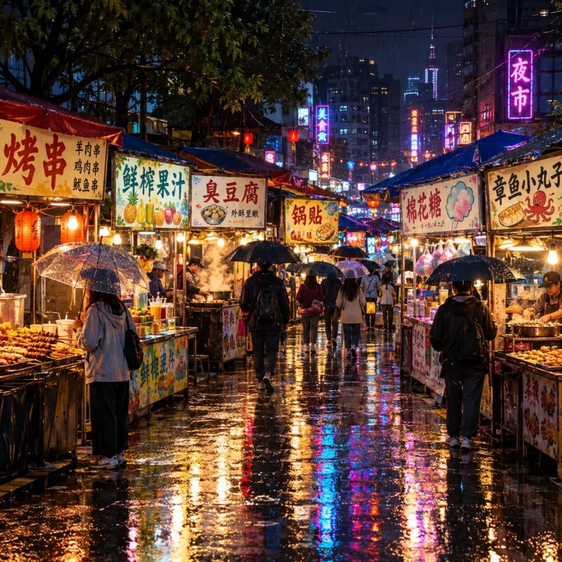 Marché de nuit sous la pluie, avec des enseignes de stands en chinois, des parapluies et des reflets de néons, par GPT Image 2