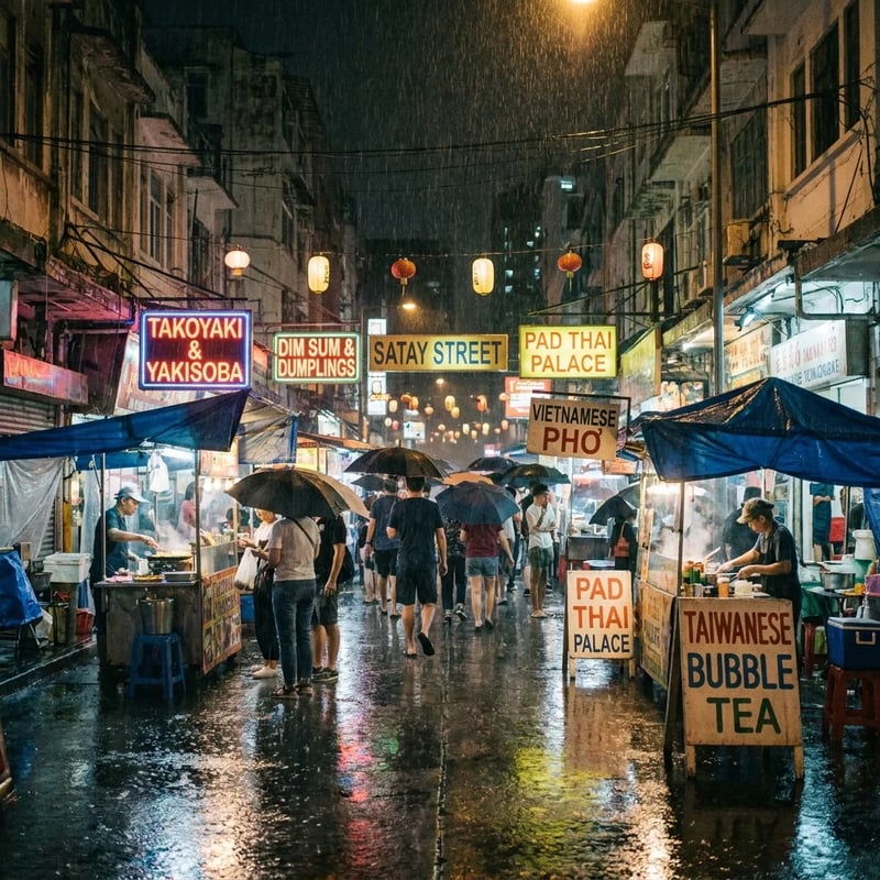 Rue de marché de nuit sous la pluie, avec des enseignes de stands en anglais, des parapluies et des lanternes, par Nano Banana Pro