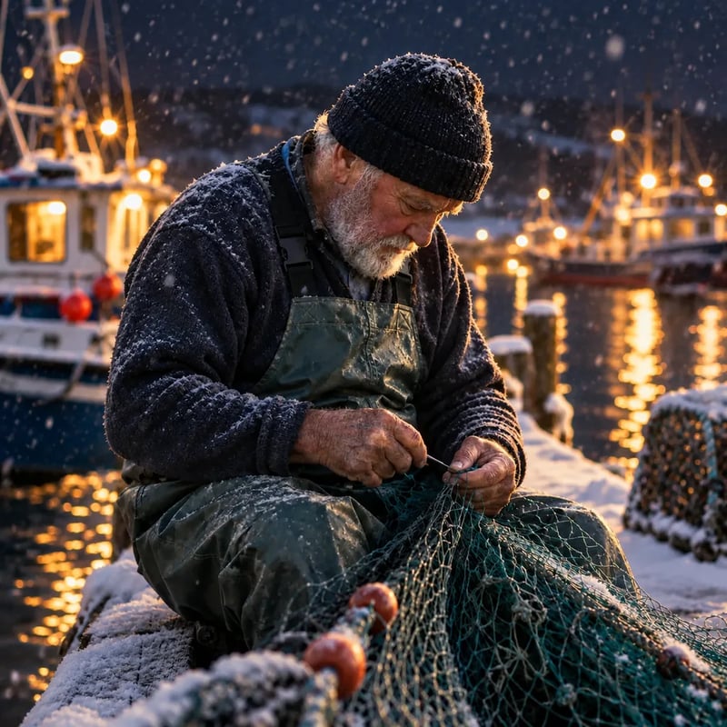 The same fisherman mending the net on a snowy dock at night, with lit boats in the harbor behind him