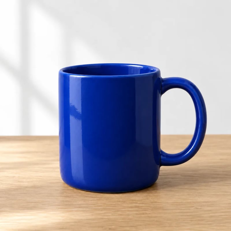The same mug in glossy cobalt blue on the same oak table