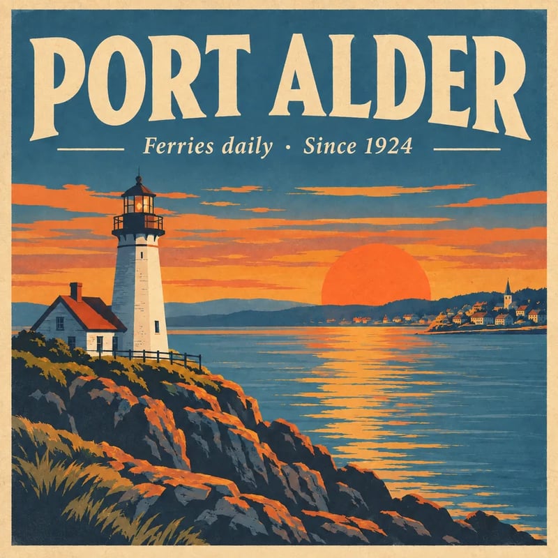 The same PORT ALDER poster with the ferry and its wake removed from the bay