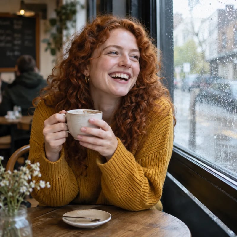 Woman with curly red hair and a mustard yellow sweater laughing over a coffee cup at a cafe window on a rainy day