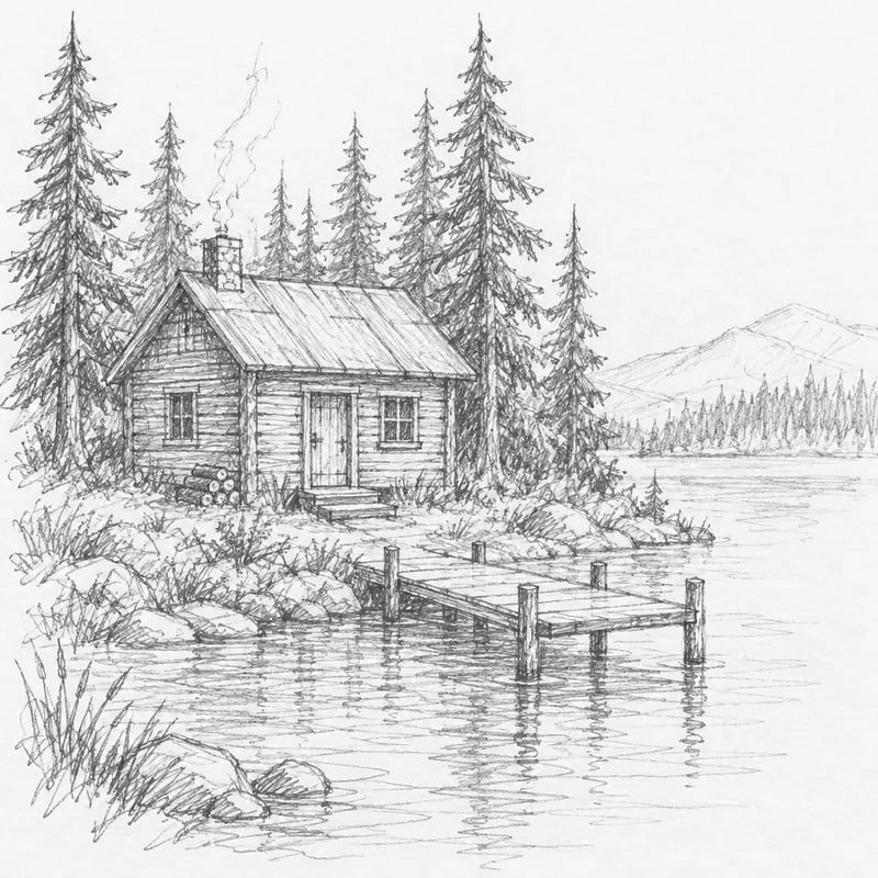 Pencil sketch of a log cabin by a lake with pine trees, a small dock and mountains in the distance