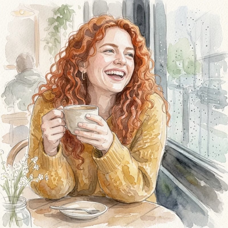 The same woman, cup and rainy cafe window painted as a soft watercolor illustration on textured paper