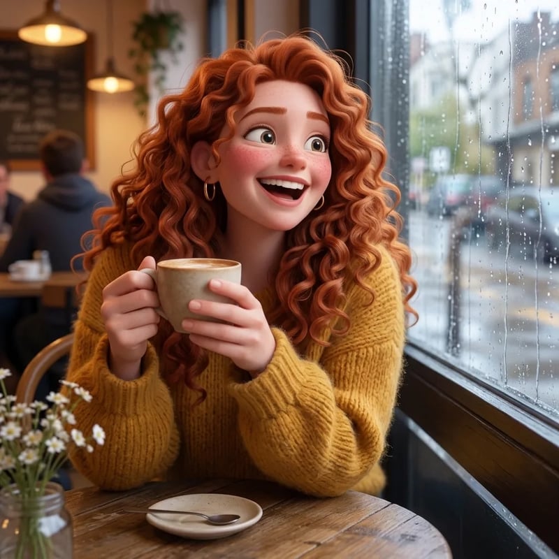 The woman as a 3D animated movie character with big eyes, still holding the coffee cup at the rainy cafe window