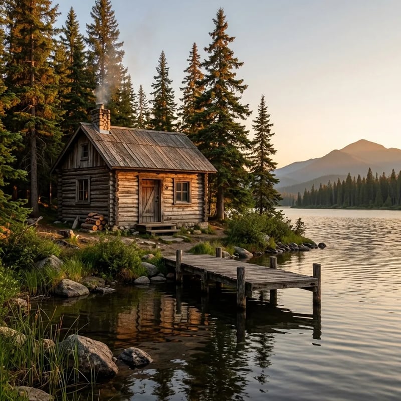 A realistic photo of the same log cabin, dock, pines and mountains at golden hour, with smoke rising from the chimney
