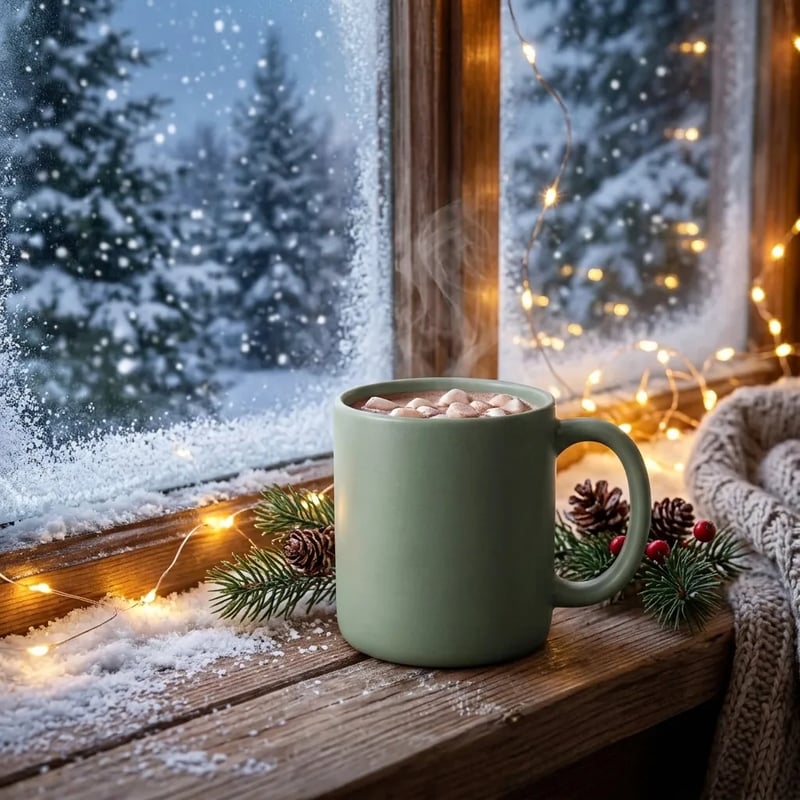 The same sage green mug full of hot cocoa and marshmallows on a snowy windowsill with fairy lights