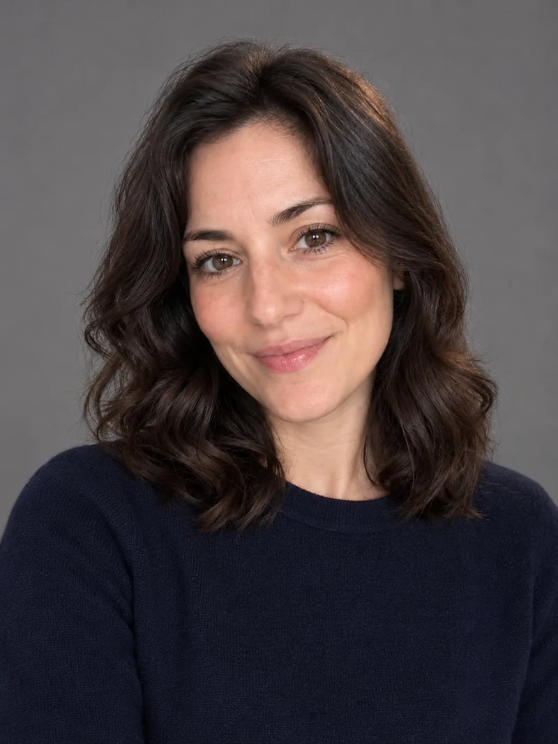 The same woman in the same navy sweater as a headshot on a plain gray studio backdrop with soft, even light