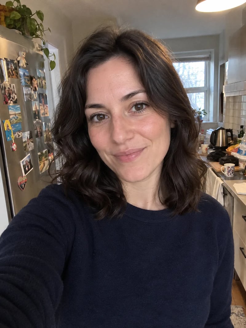 Selfie of a woman with dark wavy hair and a navy sweater in a cluttered home kitchen, taken at arm's length